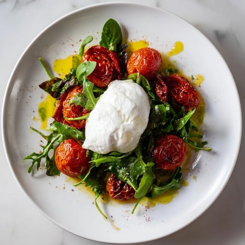 Charred Tomato Salad with Burrata: a colorful dish of blistered tomatoes and creamy burrata cheese.