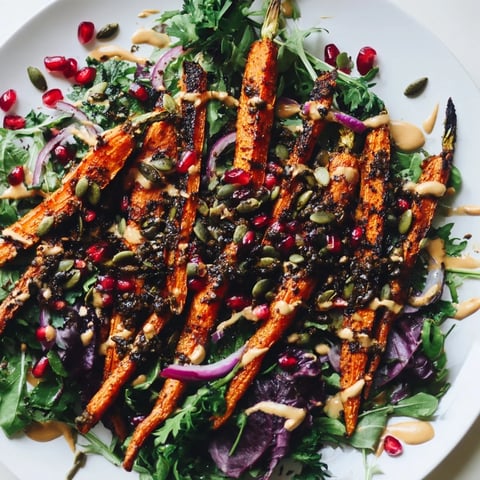 Vibrant roasted carrot salad with tahini-lemon drizzle, a colorful vegetarian Mediterranean delight.