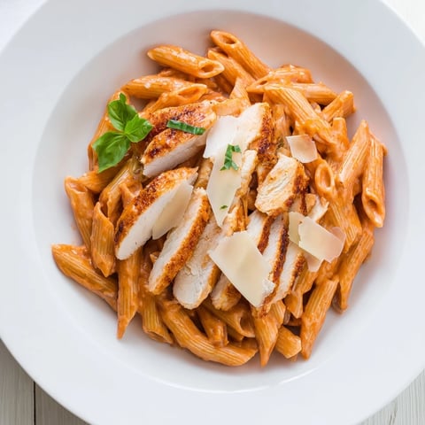 Creamy Tomato Basil Chicken Pasta with basil garnish, a comforting Italian-American dinner, ready to eat.