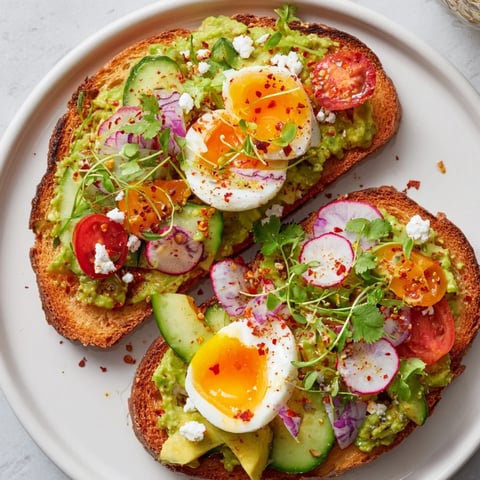 Creamy avocado toast piled high with fresh veggies, a perfectly cooked egg, and crumbled feta.