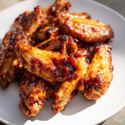 Golden-brown baked sticky honey BBQ wings, glistening with sauce and ready to serve at a gathering.