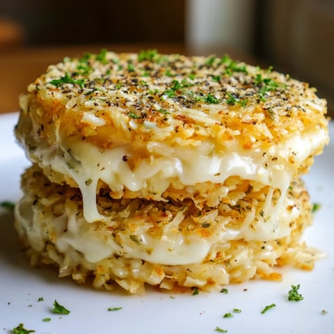 Golden layers in this photo of Crispy Rice Cake Cheese Stacks, baked until the cheese bubbles.