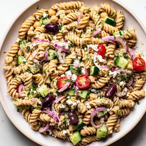 Bright, vibrant photo of zesty Lemon Herb Chickpea Pasta Salad, ready for a delicious summer meal.