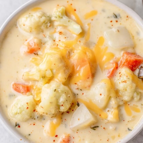 A steaming bowl of Vegetarian Cauliflower Chowder garnished with fresh parsley and melted cheddar cheese.