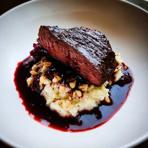 Golden-brown venison steaks rest atop creamy caraway crushed swede mash on a rustic wooden plate, with a rich red wine sauce drizzled over the tender meat.