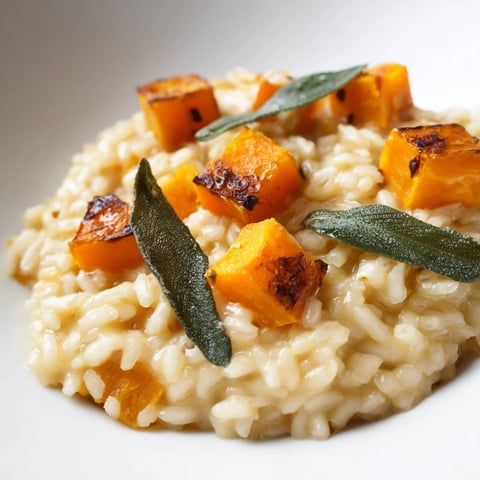 Creamy Vegan Pumpkin Risotto topped with crispy sage leaves, served warm in a rustic bowl.