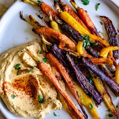 Oven-roasted rainbow carrots with creamy tahini hummus on a platter.  