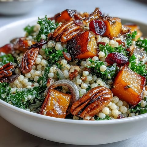Tender pearl couscous with roasted butternut squash, massaged kale, and cranberries tossed in honey-citrus dressing.