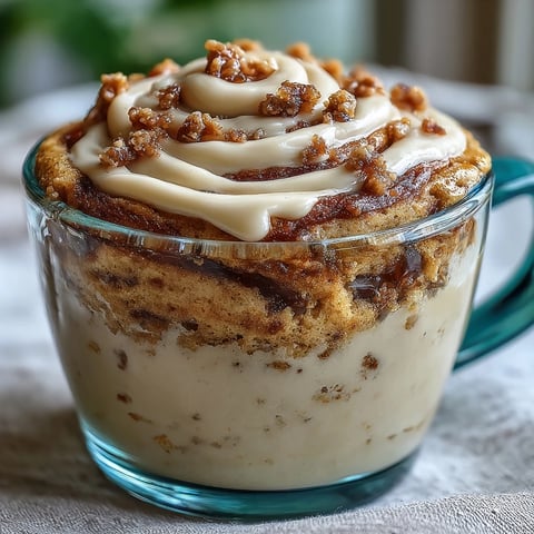 Freshly microwaved High-Protein Cinnamon Roll Mug Cake with a creamy tangy cream cheese topping and a visible cinnamon swirl in a white mug.