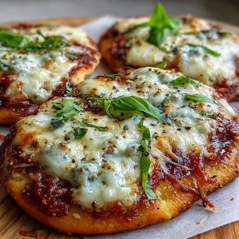 Garlic Naan Margherita Pizzas fresh from the oven with melted mozzarella and basil on naan.