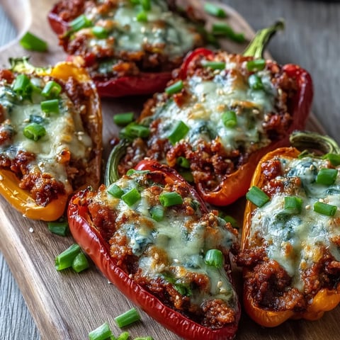 Korean-Style Turkey Stuffed Sweet Peppers with gooey melted cheese and toasted sesame seeds on a platter.