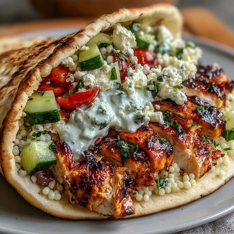 Sliced Greek Chicken Feta Stuffed Pitas overflowing with juicy chicken, creamy tzatziki, and a colorful pearl couscous salad.