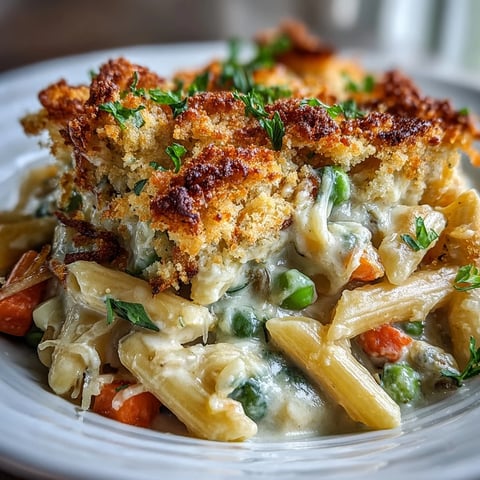 Creamy Veggie Pot Pie Pasta with golden biscuit crumb topping steaming from the oven in a rustic Dutch oven.