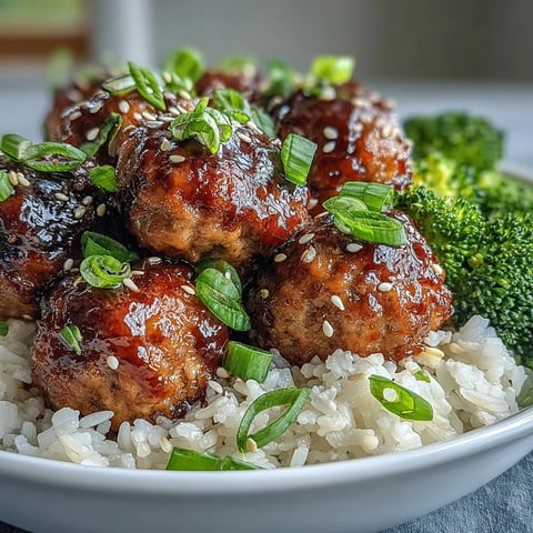 Juicy Honey Garlic Turkey Meatballs glazed in sweet-savory sauce over fluffy rice and tender broccoli florets.