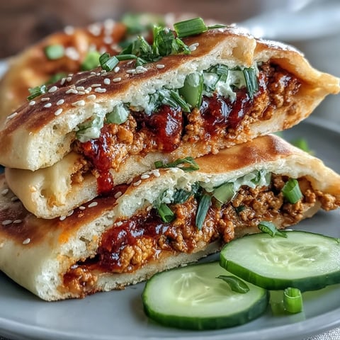 Golden-brown, warm naan pockets overflowing with savory Korean spiced ground turkey, crisp cucumber slices, and shredded carrots.