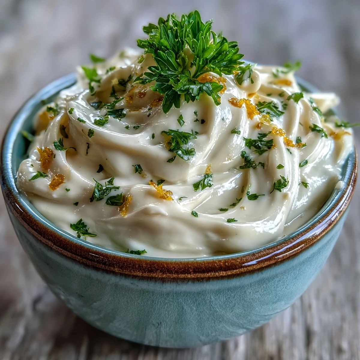 Creamy Tahini Dressing in a glass jar, garnished with fresh parsley and lemon slices for a zesty Mediterranean touch.