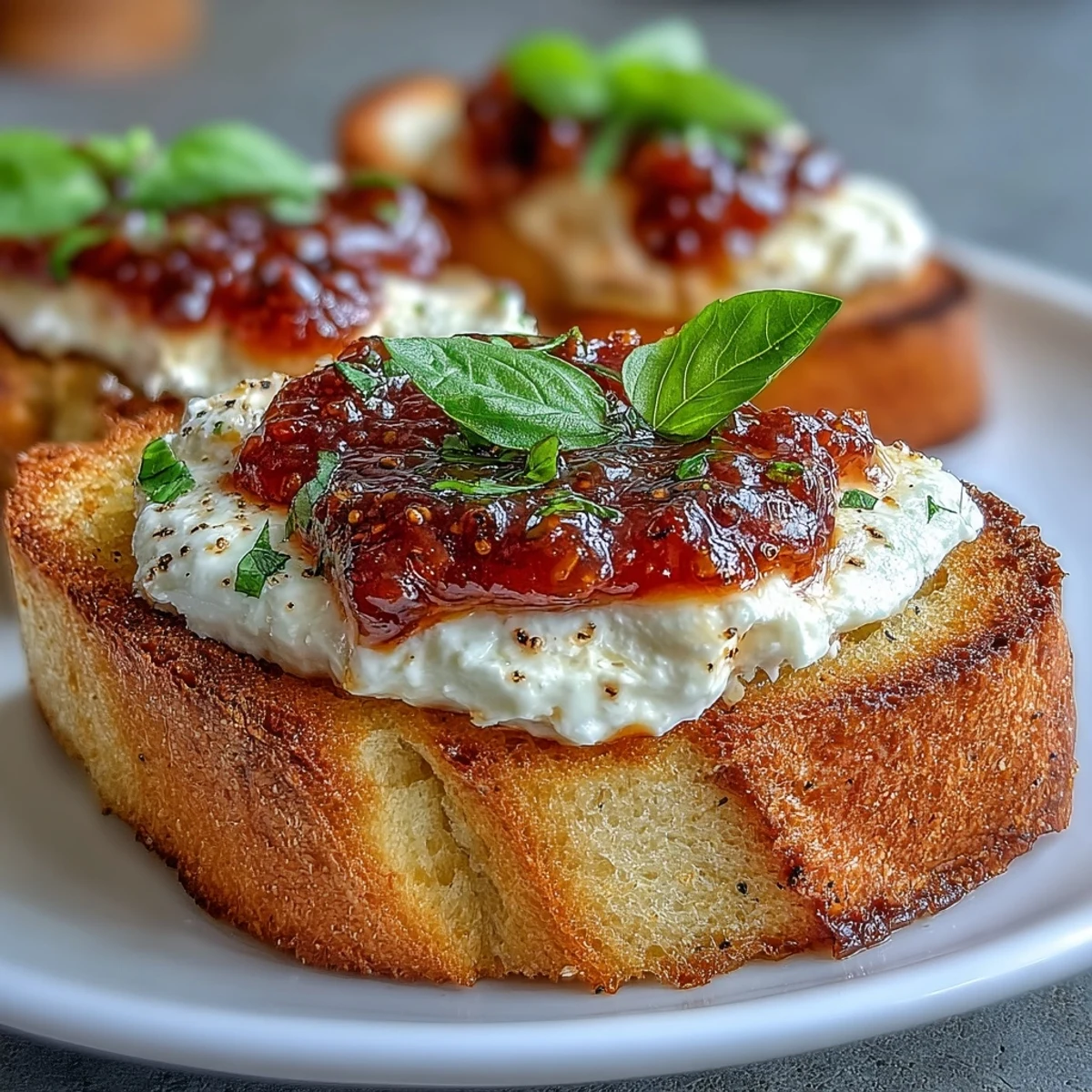Golden, crisp goat cheese & chili jam bruschetta topped with fresh basil on a rustic wooden board.