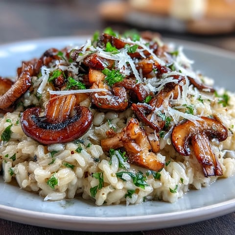 Creamy Wild Mushroom Risotto with Truffle Oil, garnished with fresh parsley, served warm in a shallow bowl.