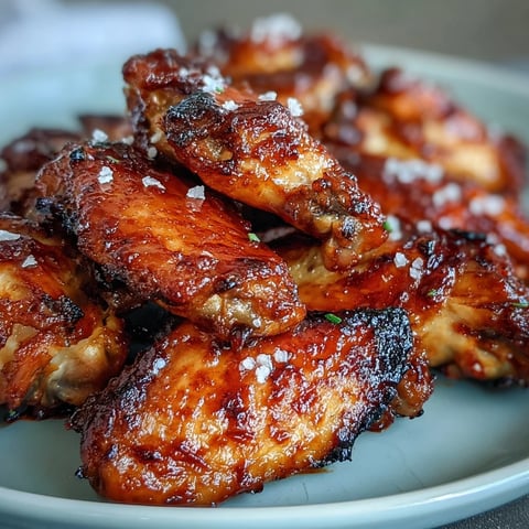 Golden-brown Salted Honey & Sriracha Wings on a platter, glistening with a sweet and spicy glaze and topped with flaky sea salt.