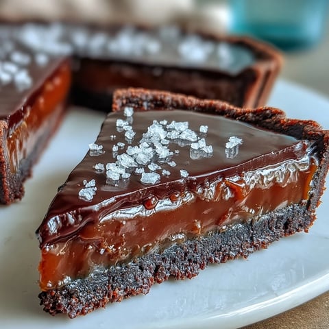 Decadent Salted Caramel Chocolate Tart slice on a white plate featuring a rich dark chocolate ganache and a visible layer of golden caramel.