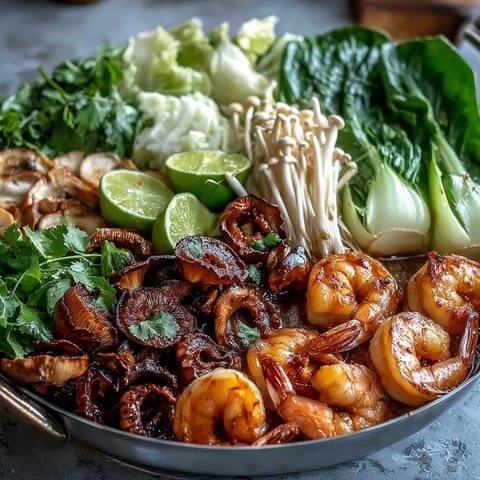 Steaming Asian Hot Pot Seafood in an aromatic broth with shrimp, cod, and mussels at the table.