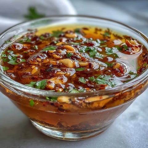 Bright orange garlic chilli oil in a small white bowl, garnished with fresh cilantro and minced aromatics. 
