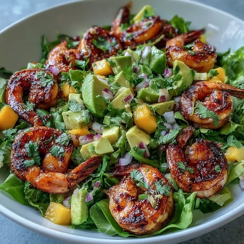 Grilled Shrimp and Mango Avocado Salad features juicy grilled shrimp and creamy avocado on fresh greens, drizzled with chili-lime vinaigrette.