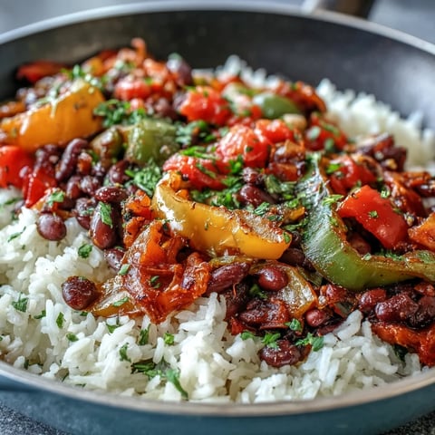 Steaming One-Pan Vegan Fajita Rice Skillet with peppers, black beans, and fresh cilantro garnish.