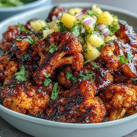 Golden-brown roasted cauliflower coated in sticky vegan BBQ sauce, nestled in warm corn tortillas with vibrant pineapple salsa.