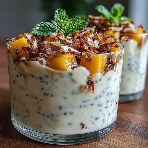 Creamy vegan mango sago-inspired chia pudding layered in a glass cup with rich coconut milk and fresh mango puree.