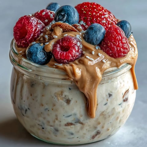 Creamy Clean Eating Berry Overnight Oats with Almond Butter Swirl layered in a glass jar, topped with fresh blueberries and strawberries for a nourishing breakfast.