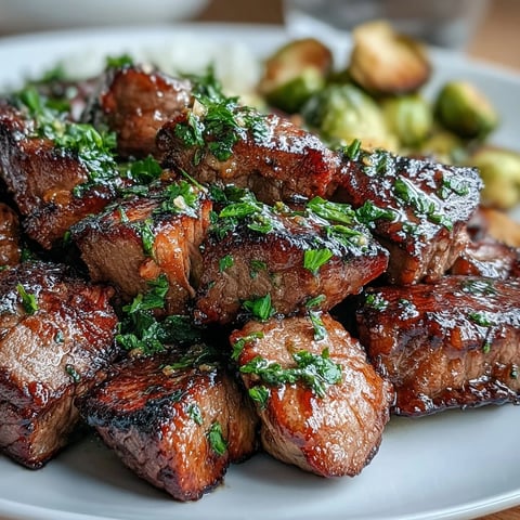 Freshly seared Keto Lemon Garlic Butter Steak Bites with roasted Brussels sprouts garnished with parsley on a white plate.