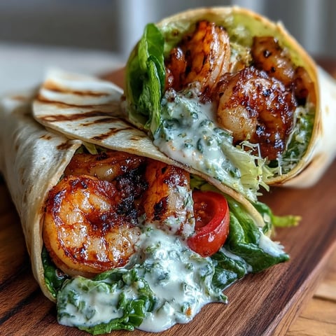 Grilled shrimp Caesar wraps on a plate with creamy dressing drizzled over crisp romaine lettuce.