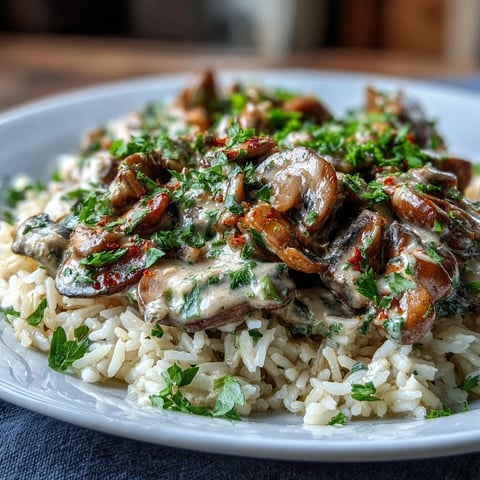 Creamy Vegan Mushroom Stroganoff in a white bowl, served over fluffy brown rice and garnished with fresh parsley.