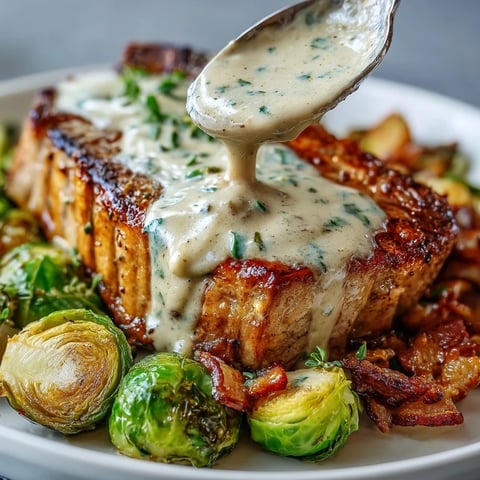 Juicy pan-seared Keto Creamy Dijon Pork Chops with crispy roasted Brussels sprouts, drizzled with a rich, tangy cream sauce.
