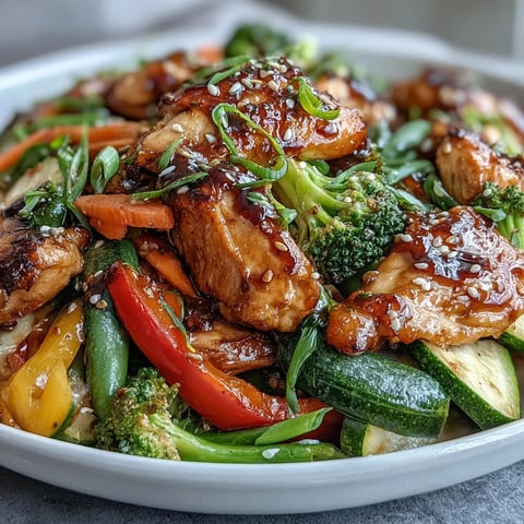 High-Protein Chicken and Veggie Stir-Fry in a bowl, featuring tender chicken and crisp, colorful vegetables in a glossy sauce.