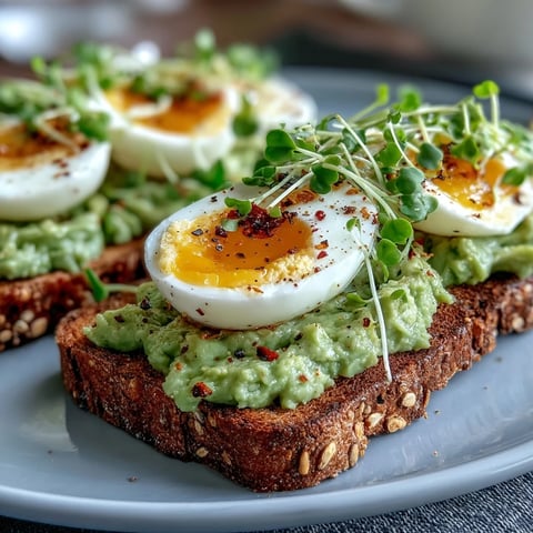 Creamy smashed avocado and a jammy soft-boiled egg top crisp whole grain toast, garnished with microgreens for a Clean Eating Avocado Toast with Soft-Boiled Egg and Microgreens.