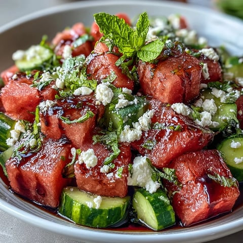 A vibrant Watermelon Feta Cucumber Salad with balsamic glaze, featuring juicy melon cubes, crisp cucumber, and tangy feta for a refreshing summer side dish.