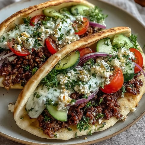 Mediterranean Ground Beef Stuffed Pita Pockets with juicy spiced beef, crisp cucumbers, cherry tomatoes, feta, and creamy yogurt sauce—perfect for a quick, flavorful meal.