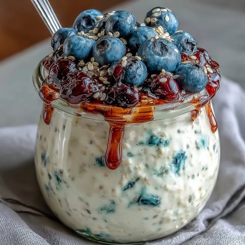 Creamy overnight oats with chia seeds and blueberries, layered in glass jars for a healthy, make-ahead breakfast.