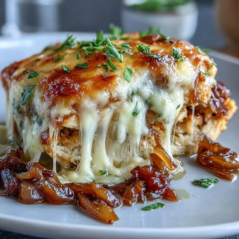 French Onion Chicken Bake with Melted Gruyere, a savory chicken dish baked with caramelized onions and gooey cheese.