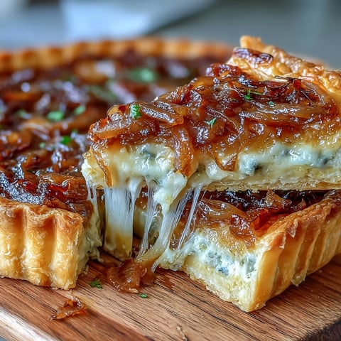A golden, flaky pastry tart filled with sweet caramelized onions and melted Gruyere cheese, ideal for an elegant brunch or light lunch.