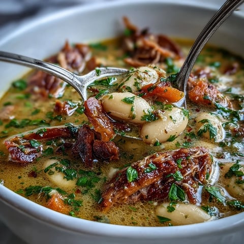 A steaming bowl of white bean and ham hock soup with tender beans, shredded smoky ham, and fresh parsley garnish.  