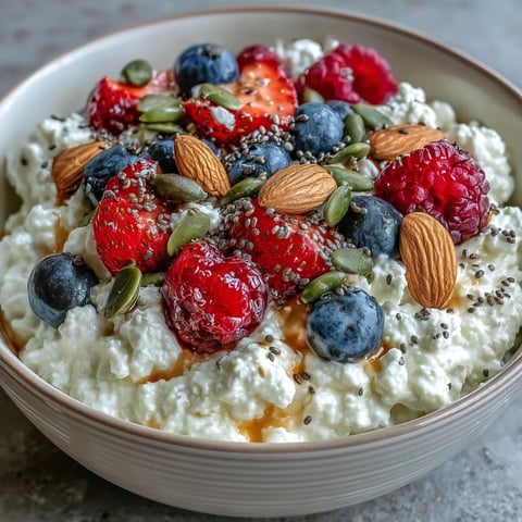 A vibrant cottage cheese breakfast bowl topped with fresh mixed berries and crunchy seeds, drizzled with honey.  