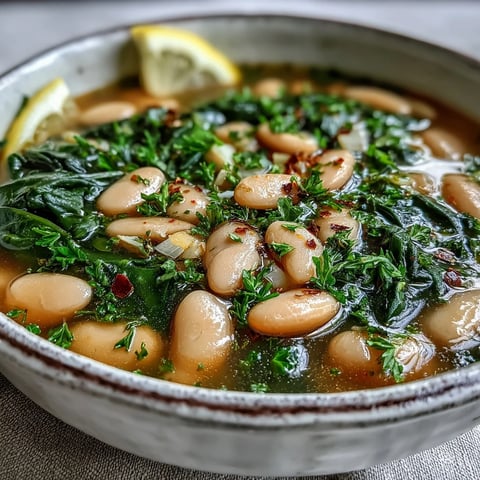 Creamy Tuscan white bean and spinach soup with tender vegetables and aromatic herbs in a savory broth.  