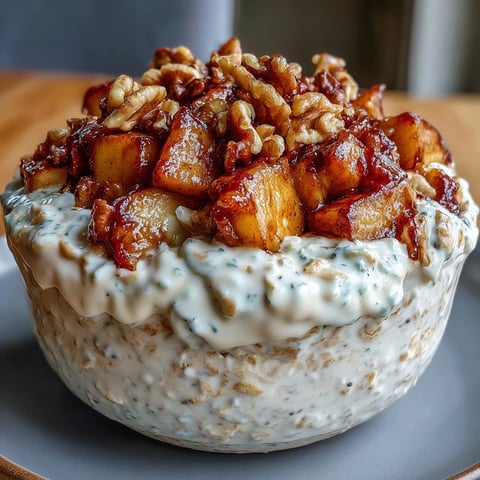 Creamy overnight oats layered with tender cinnamon-spiced apples and crunchy toasted walnuts, a hearty and wholesome breakfast.  