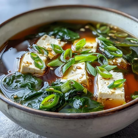 A comforting bowl of miso soup with silky tofu cubes, fresh spinach, and green onions in savory broth.  