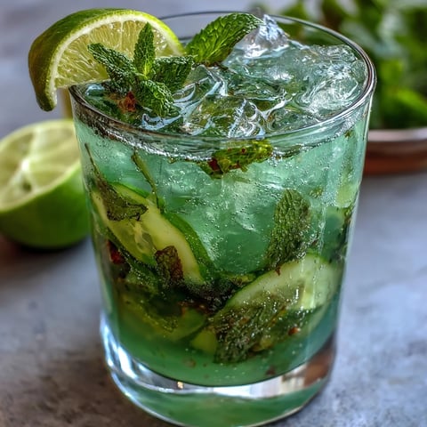 A vibrant, alcohol-free mojito with fresh cucumber, lime, and mint, served over ice with a sparkling finish.