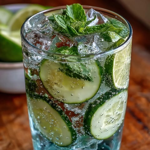 A tall glass filled with refreshing cucumber mint sparkling water, garnished with lime slices and fresh mint sprigs.