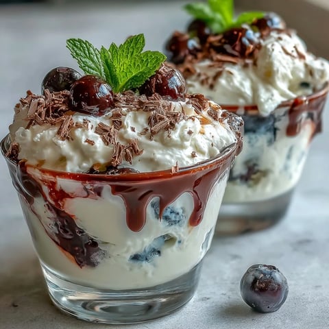 Fluffy Yogurt Berry Sundaes with Dark Chocolate Shavings served in clear glasses with layers of creamy yogurt and fresh berries